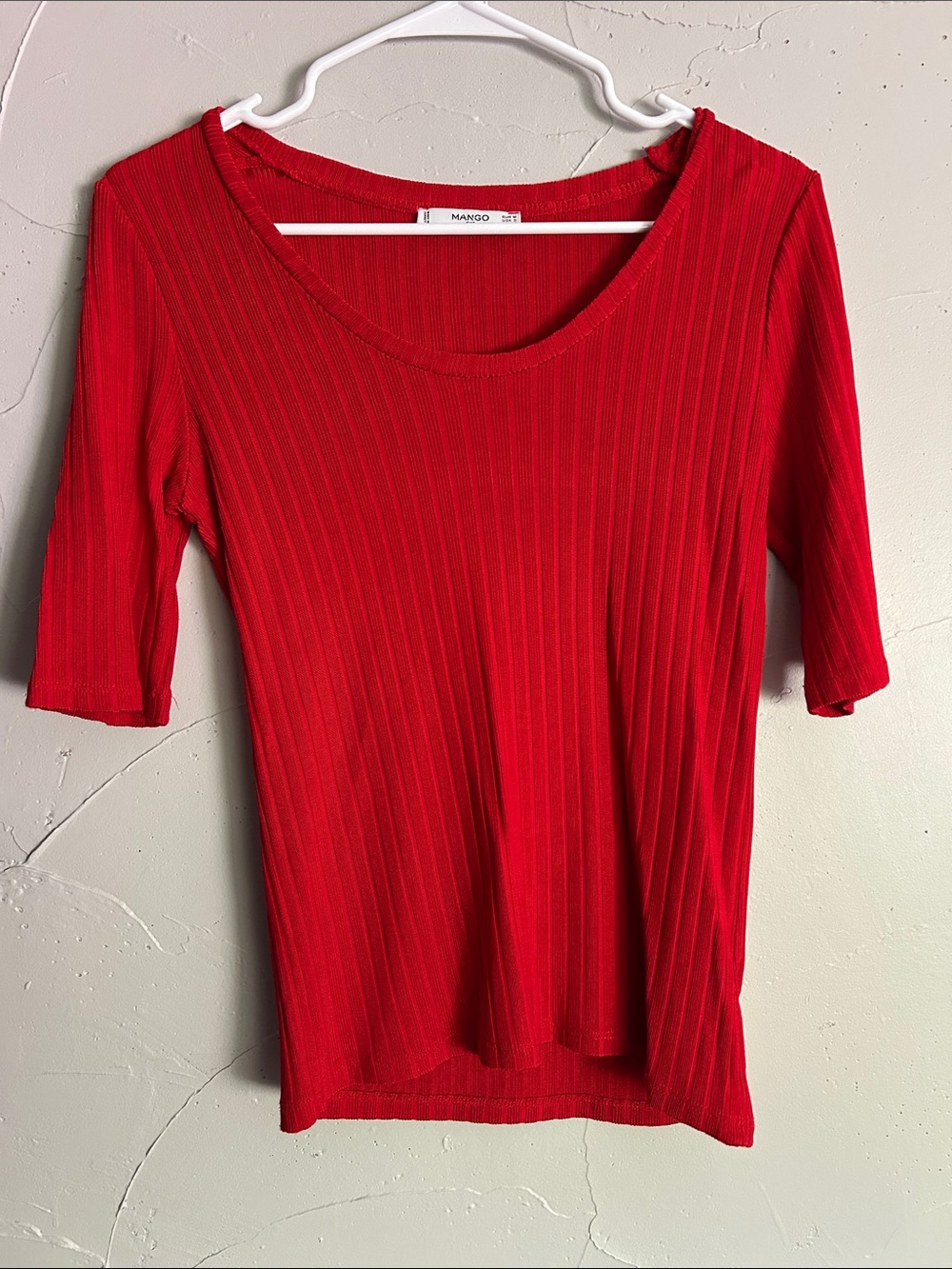 Mango Red Ribbed Scoop-Neck Short Sleeve Top